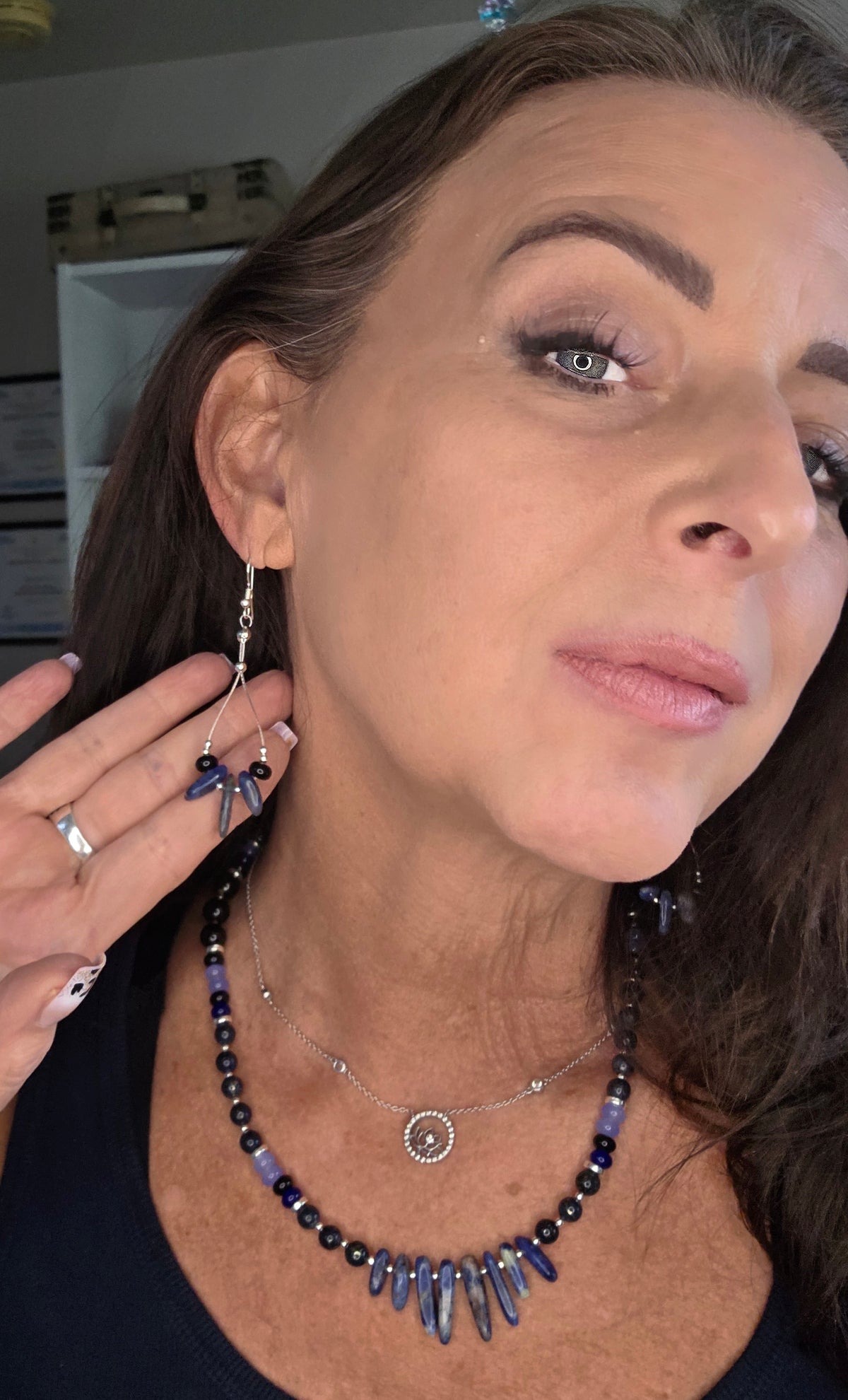 Boho Sodalite, Blue Hematite & Black Agate Necklace + Earrings