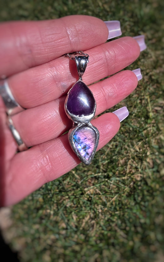 Double Amethyst & Labradorite Handmade Soldered Pendant | One-of-a-Kind Crystal Necklace