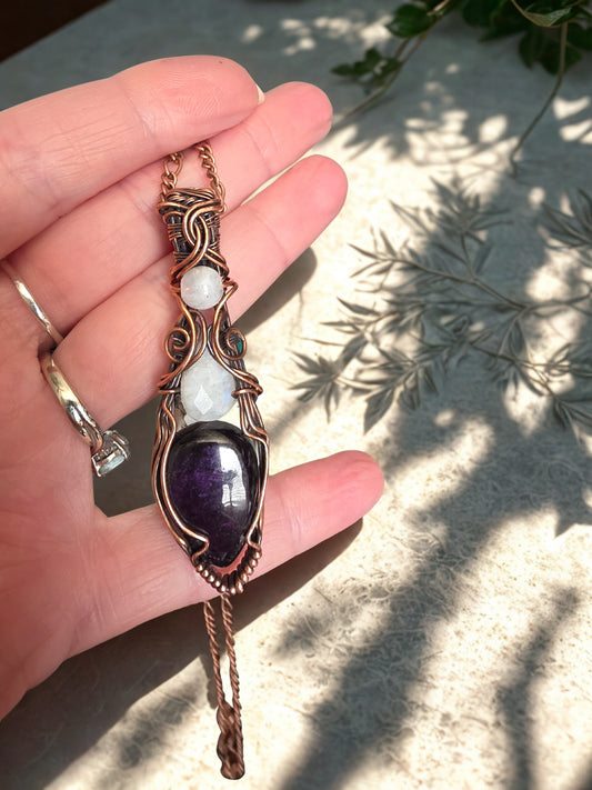 Purpurite & Moonstone wire-wrapped pendant