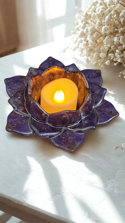 Opalescent Deep Lavender Lotus Flower Tealight Holder