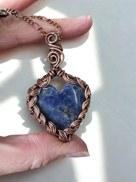Handcrafted Sodalite Heart Pendant | Wire Wrapped Oxidized Copper Necklace | Throat Chakra Crystal Jewelry