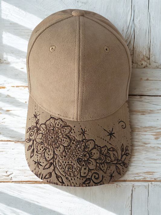Handburned Henna flower cap