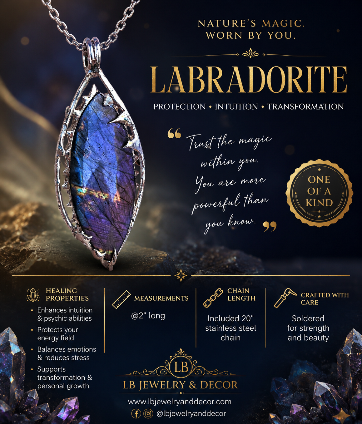Handcrafted Artsian Purple Labradorite Pendant/ Unisex