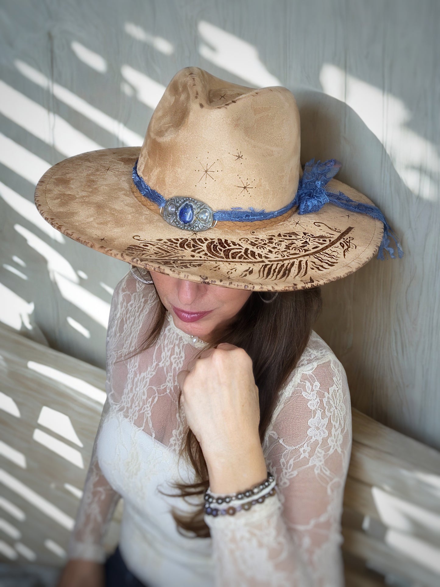 Wide brimmed handburned Suede Fedora