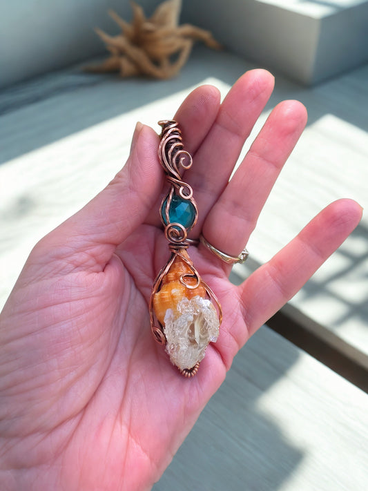 Apatite, Herkimer Diamond Seashell Pendant