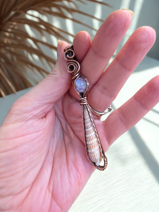 Rainbow Moonstone / Seashell Pendant