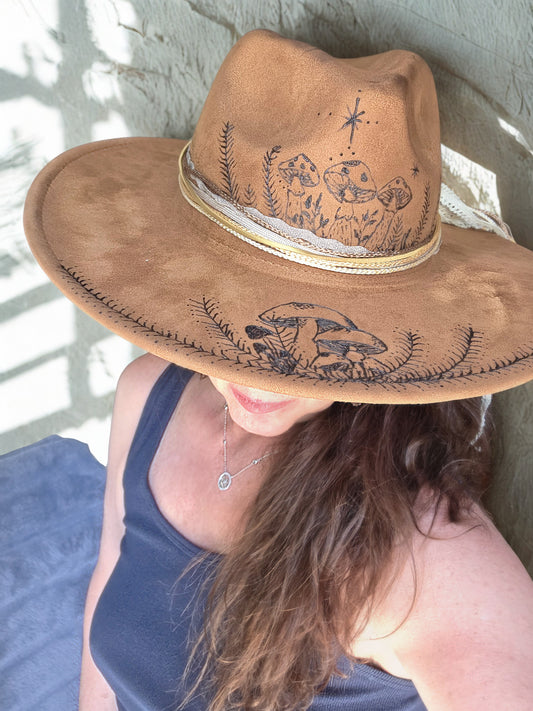 Wide brimmed handburned Suede Fedora