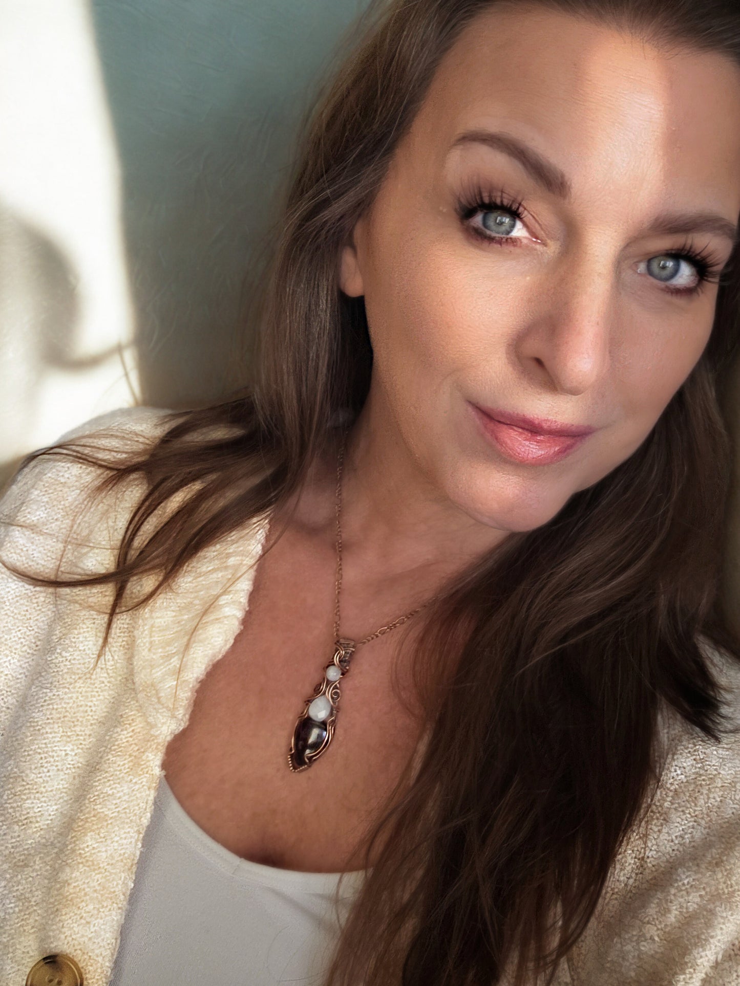 Purpurite & Moonstone wire-wrapped pendant