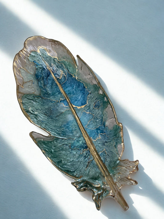 Hand - Painted Resin Feather Dish / Gold Trimmed
