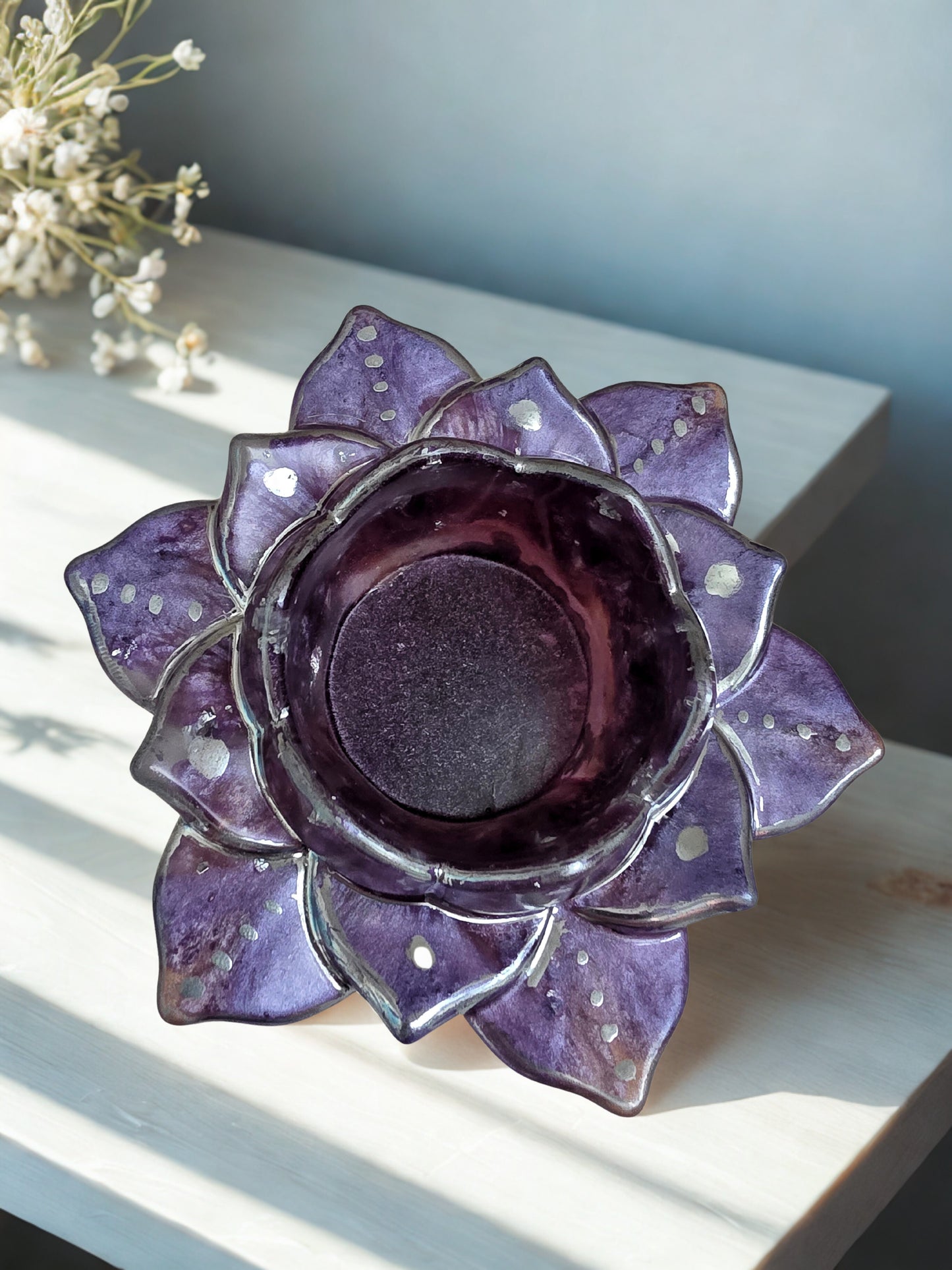 Opalescent Deep Lavender Lotus Flower Tealight Holder