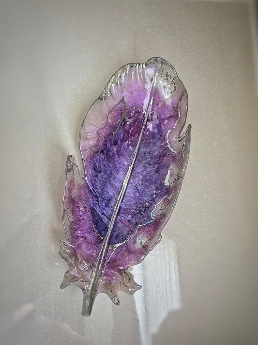 Handpainted - Resin Feather Dish / Amethyst / Silver Trimmed