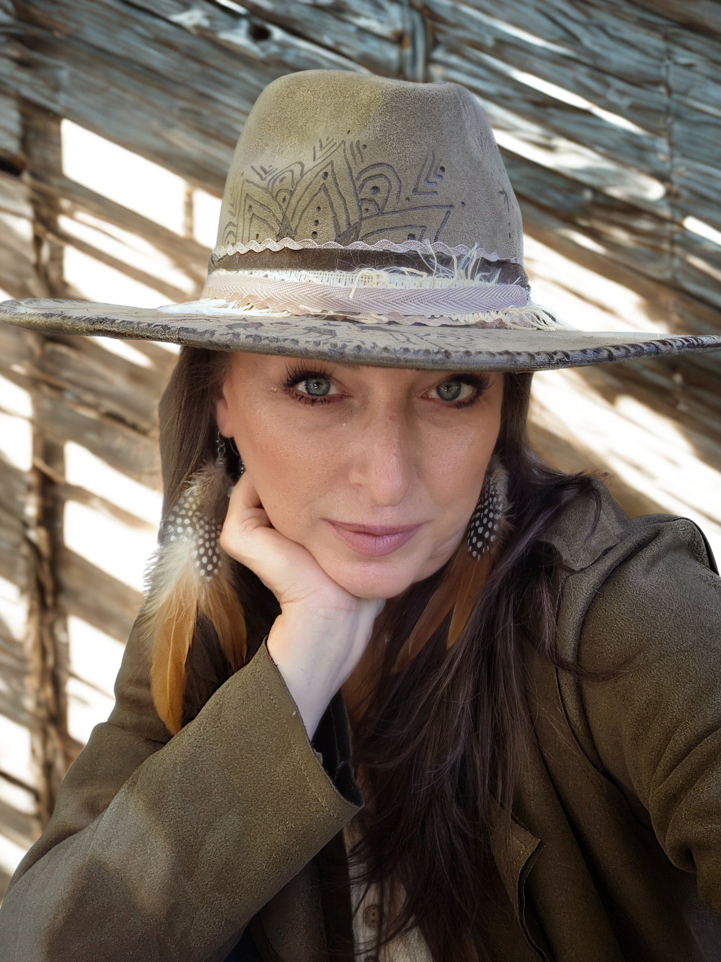 Handburned Wide Brimmed Hat/ olive green