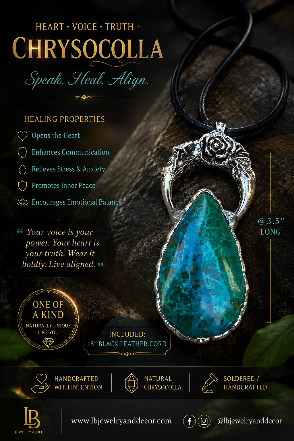 Chrysocolla Statement Pendant | Handcrafted Soldered Necklace | One-of-a-Kind Crystal Jewelry
