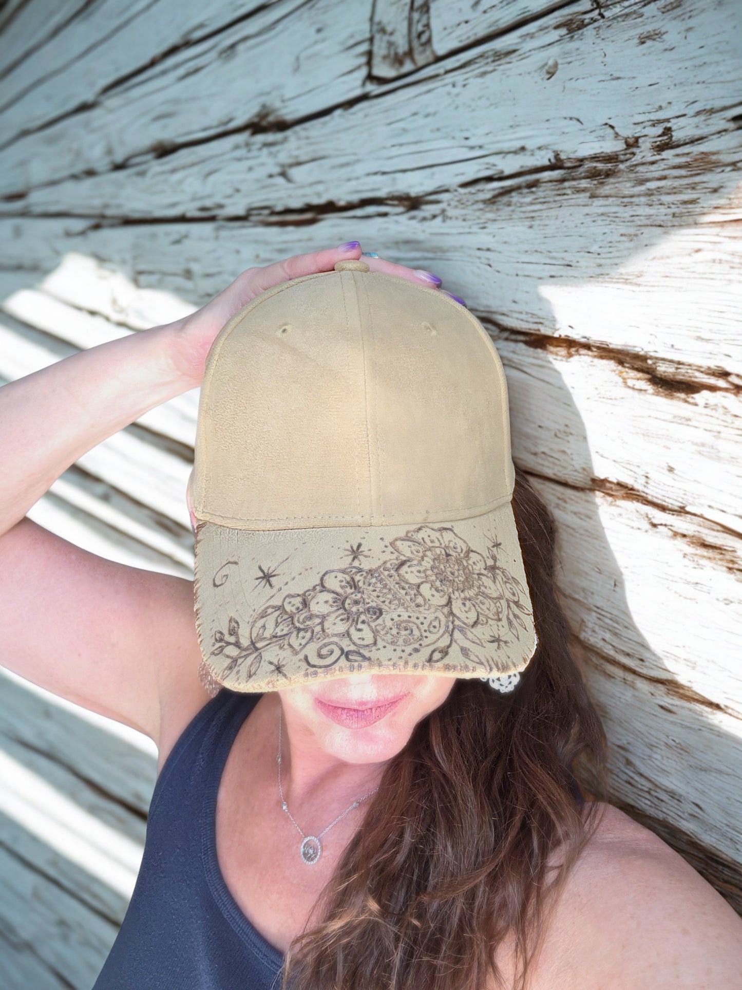 Handburned Henna flower cap
