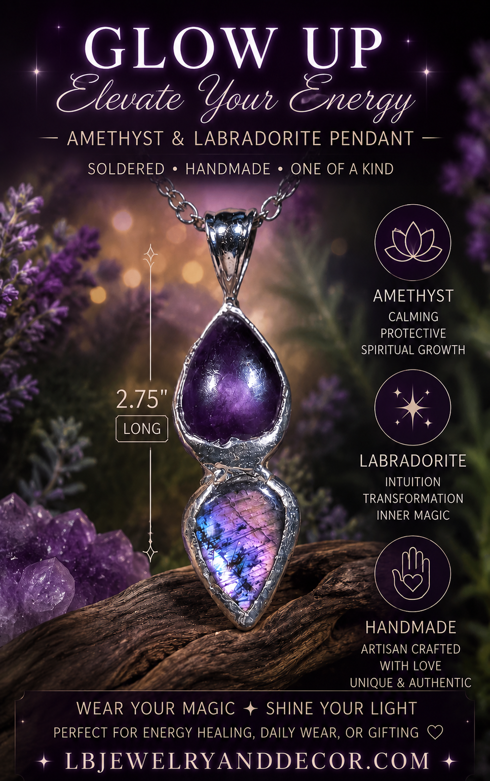 Double Amethyst & Labradorite Handmade Soldered Pendant | One-of-a-Kind Crystal Necklace