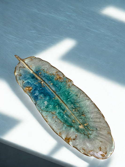 Hand -Painted Resin Feather Dish with Gold Trim