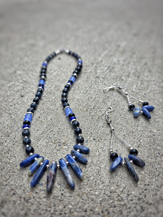 Boho Sodalite, Blue Hematite & Black Agate Necklace + Earrings