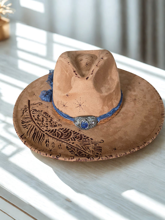Wide brimmed handburned Suede Fedora