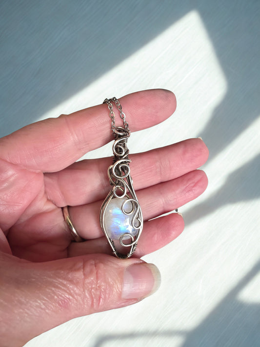 Rainbow Moonstone sterling silver wire wrapped Pendant