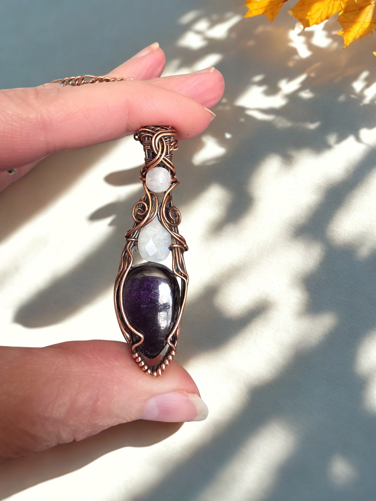 Purpurite & Moonstone wire-wrapped pendant