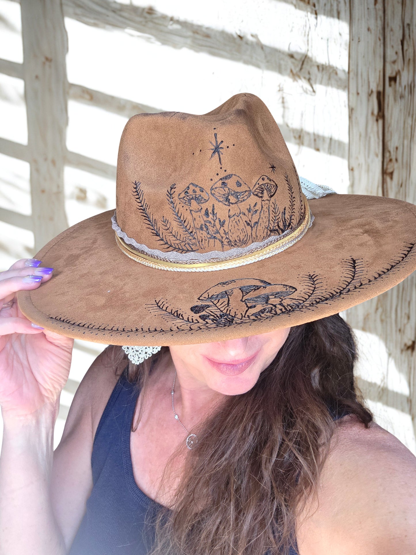 Wide brimmed handburned Suede Fedora