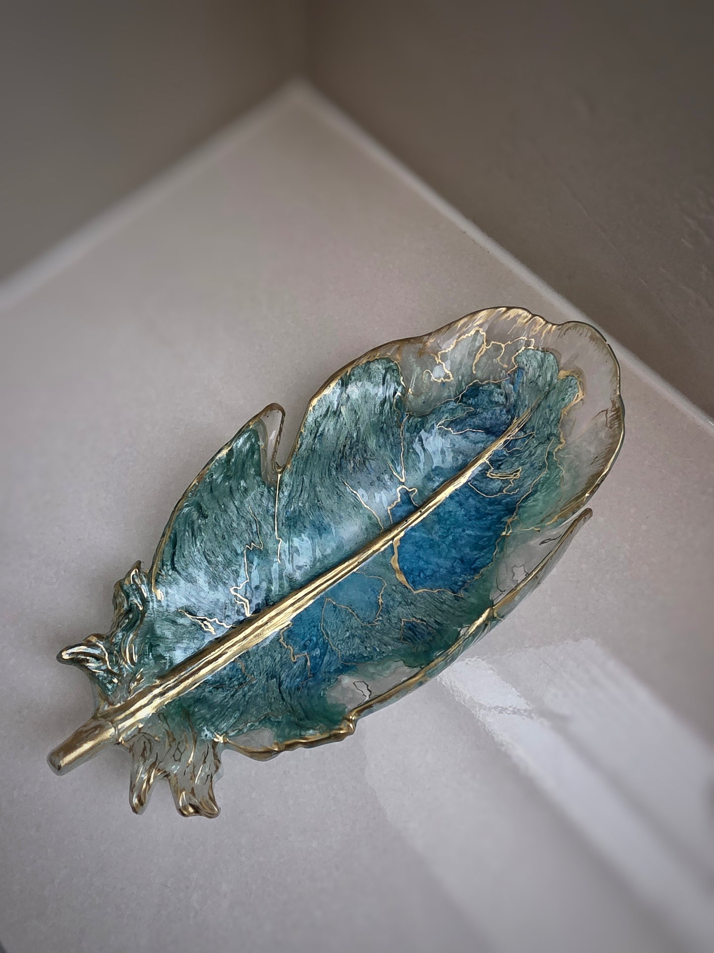 Hand - Painted Resin Feather Dish / Gold Trimmed