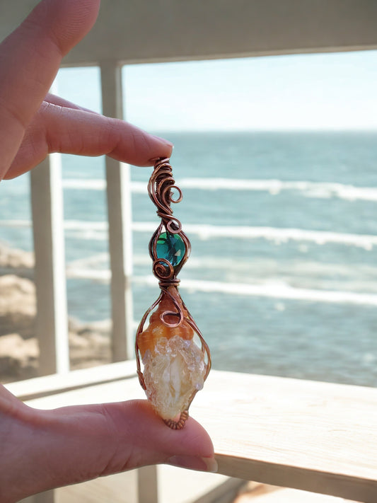 Apatite, Herkimer Diamond Seashell Pendant