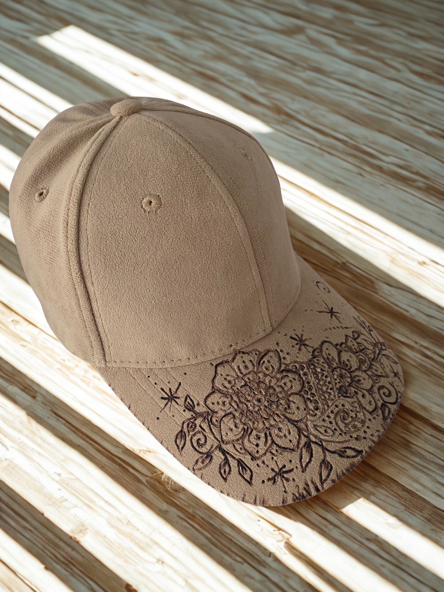 Handburned Henna flower cap