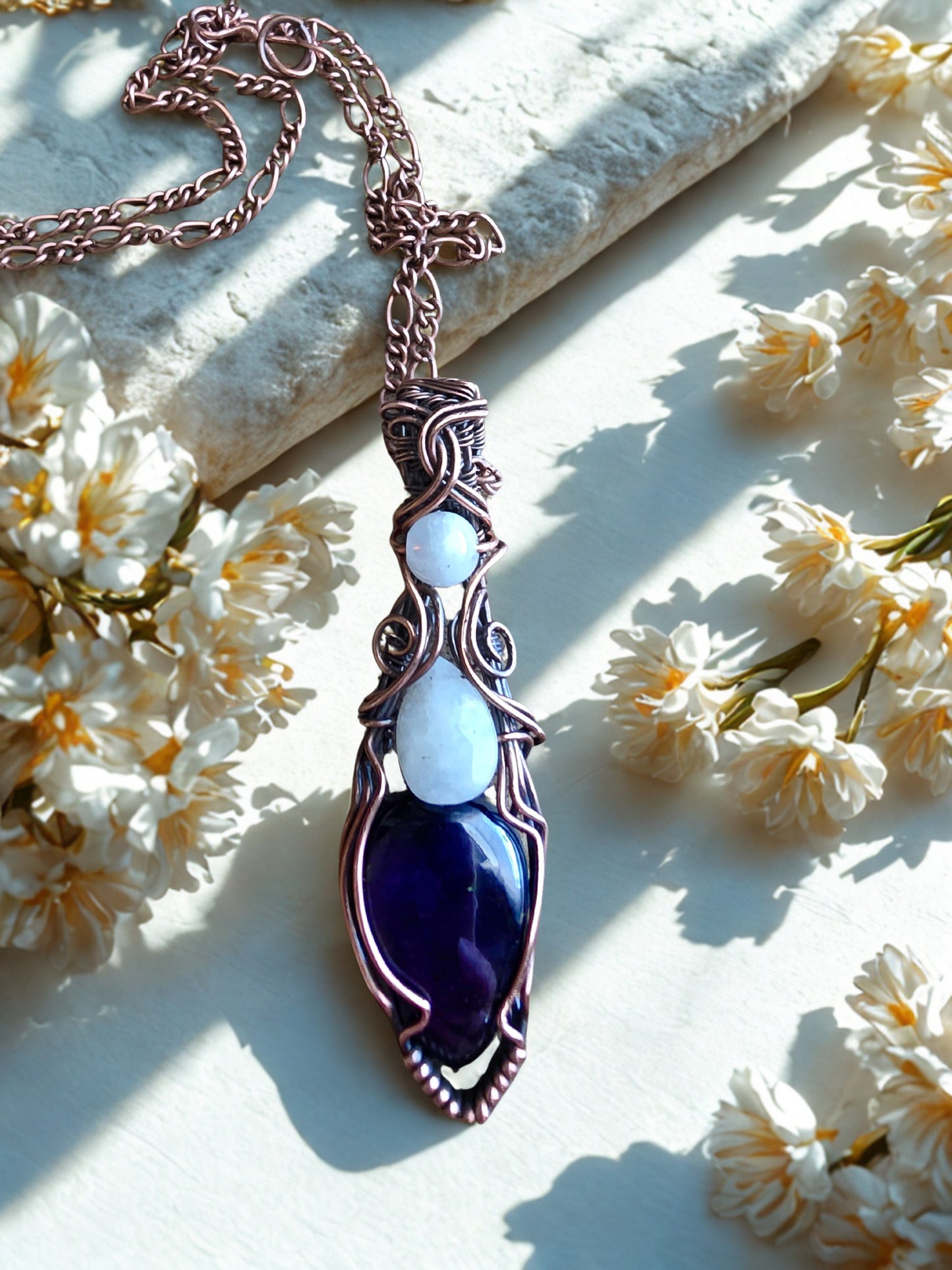 Purpurite & Moonstone wire-wrapped pendant