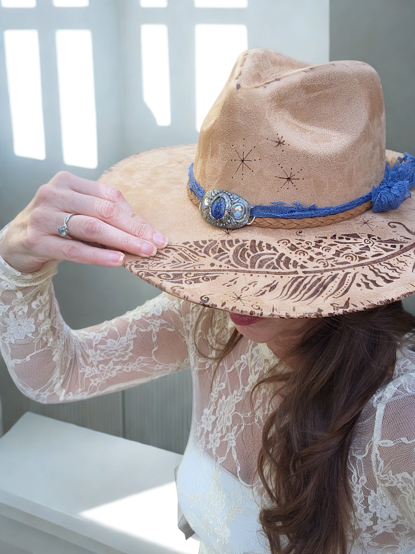 Wide brimmed handburned Suede Fedora