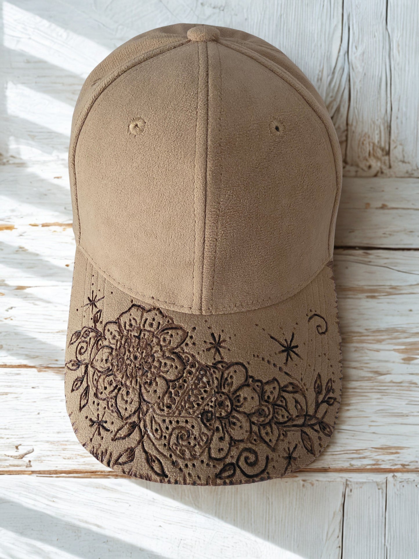 Handburned Henna flower cap