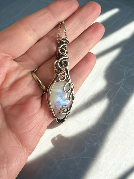 Rainbow Moonstone sterling silver wire wrapped Pendant