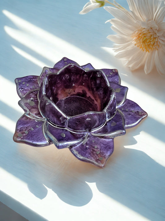 Opalescent Deep Lavender Lotus Flower Tealight Holder