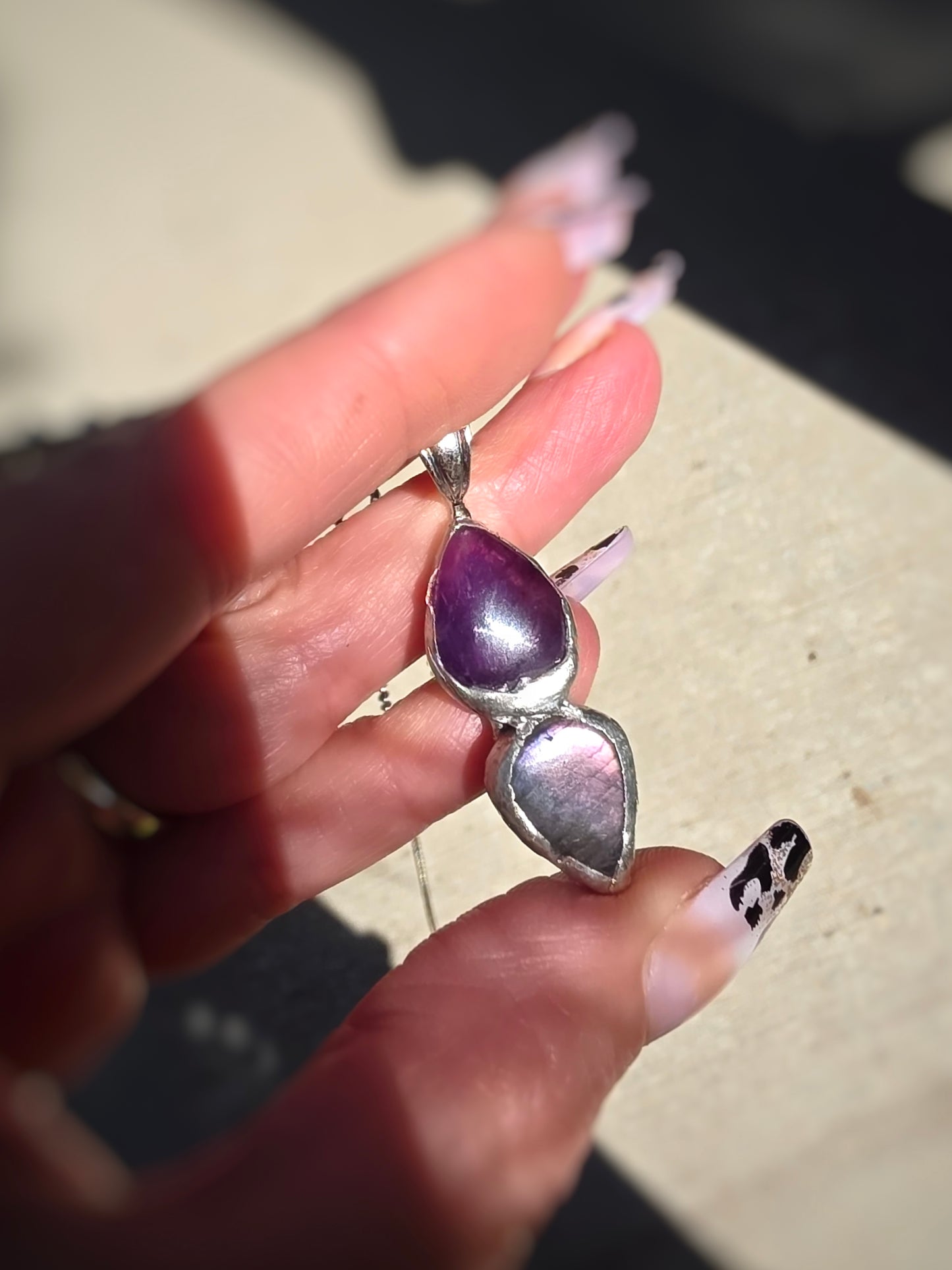 Double Amethyst & Labradorite Handmade Soldered Pendant | One-of-a-Kind Crystal Necklace