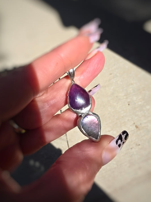 Double Amethyst & Labradorite Handmade Soldered Pendant | One-of-a-Kind Crystal Necklace
