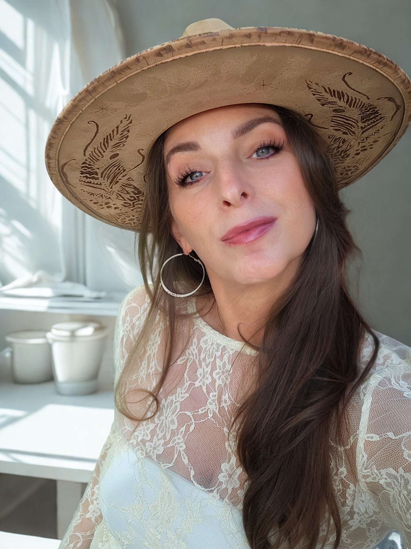 Wide brimmed handburned Suede Fedora