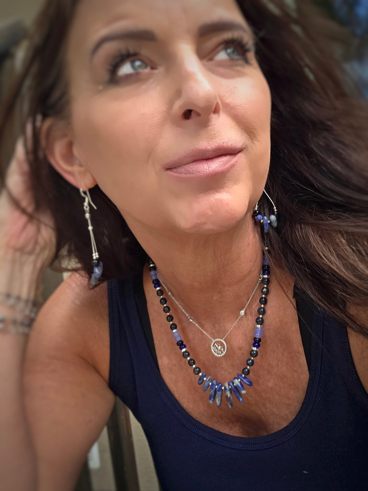 Boho Sodalite, Blue Hematite & Black Agate Necklace + Earrings