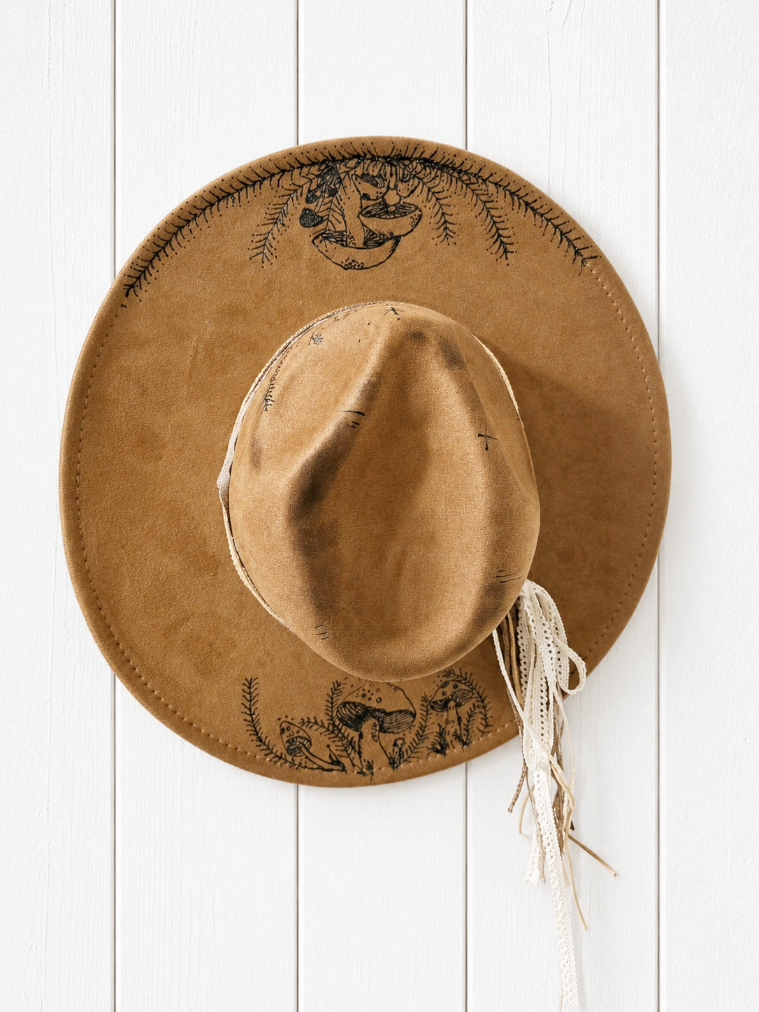 Wide brimmed handburned Suede Fedora