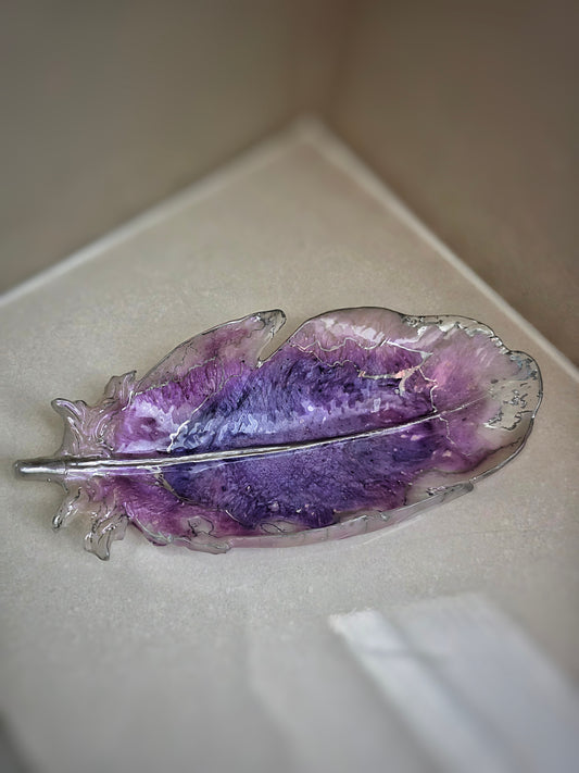 Handpainted - Resin Feather Dish / Amethyst / Silver Trimmed