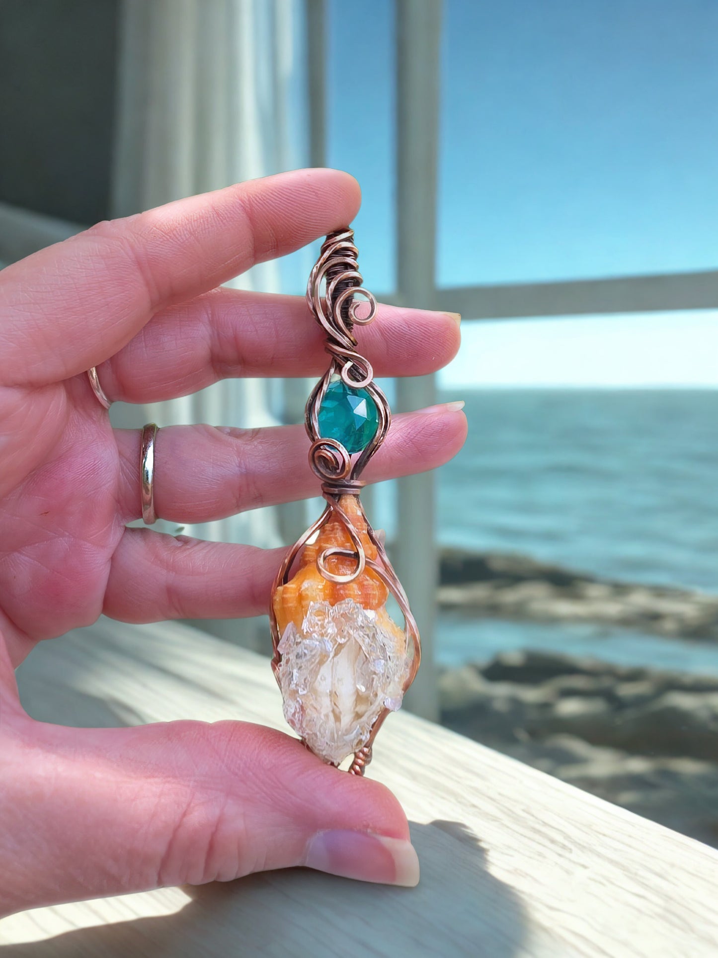 Apatite, Herkimer Diamond Seashell Pendant