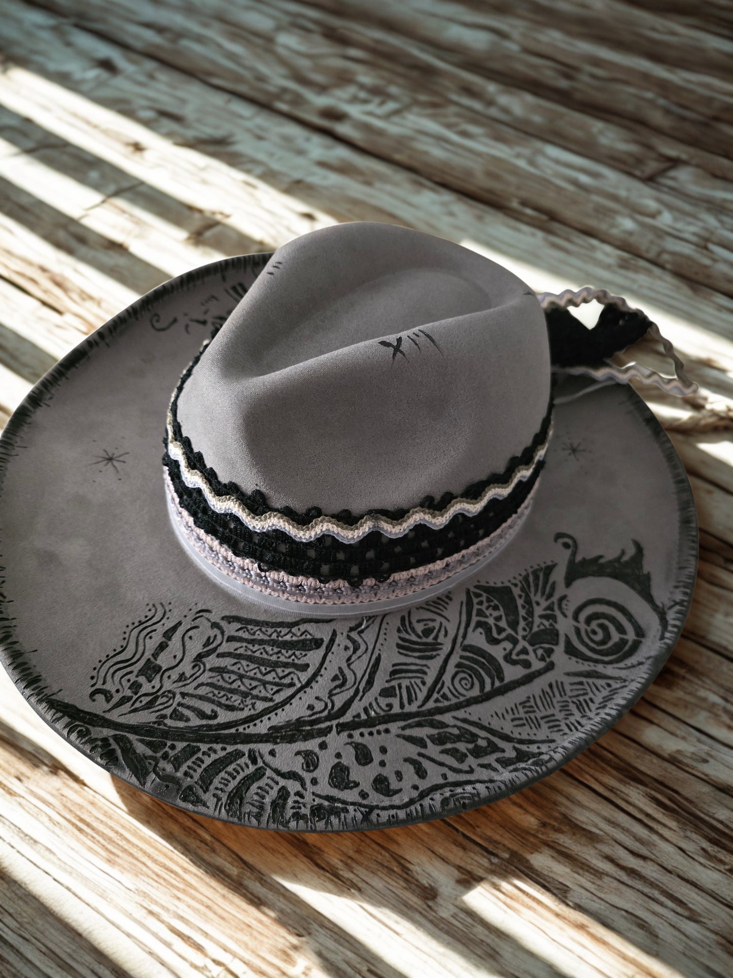 Handburned Wide Brimmed Hat/ Slate Grey