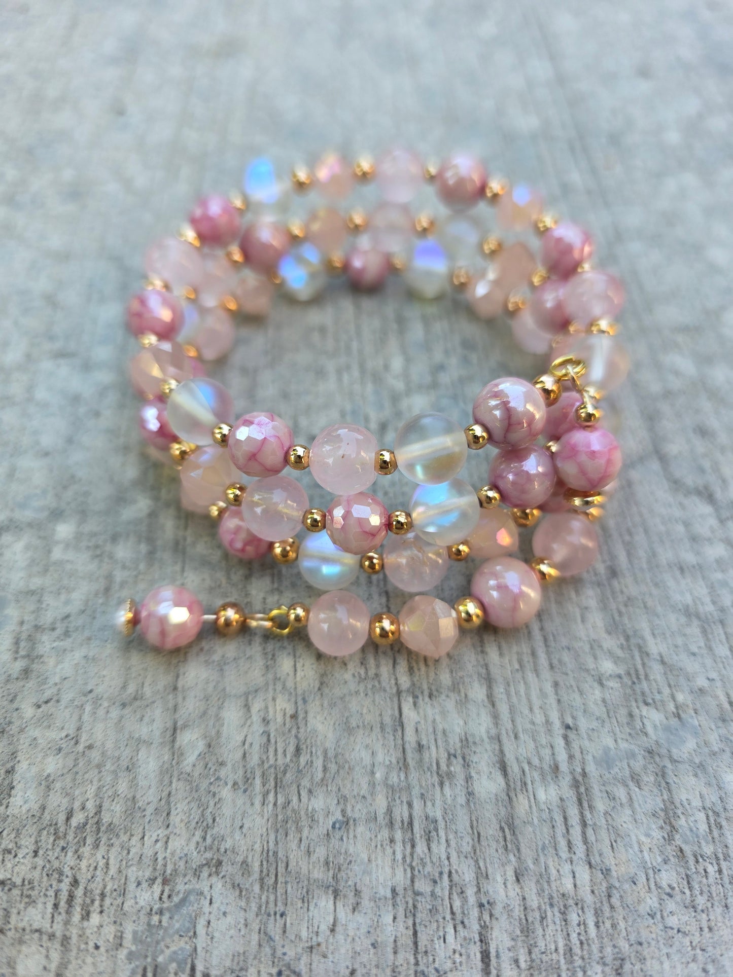 Rose Quartz memory wire beaded bracelet