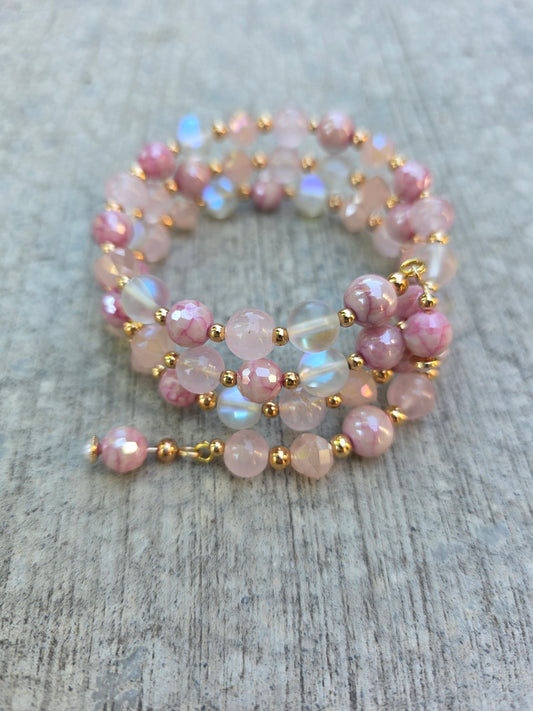 Rose Quartz memory wire beaded bracelet
