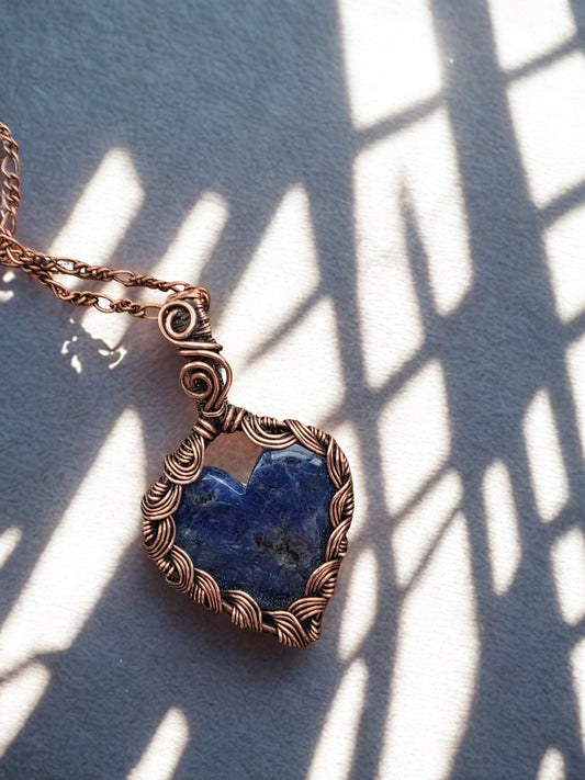 Handcrafted Sodalite Heart Pendant | Wire Wrapped Oxidized Copper Necklace | Throat Chakra Crystal Jewelry