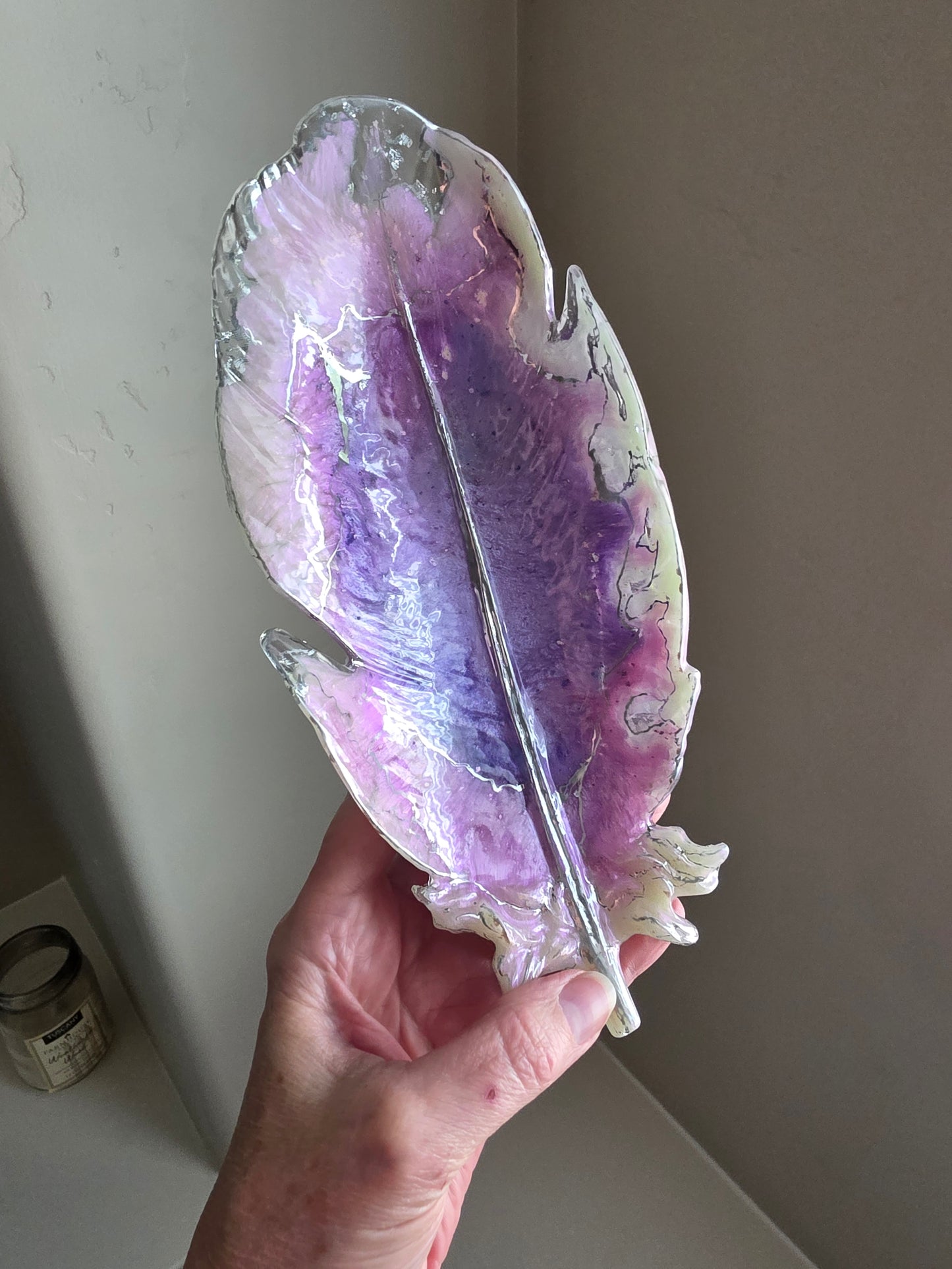 Handpainted - Resin Feather Dish / Amethyst / Silver Trimmed