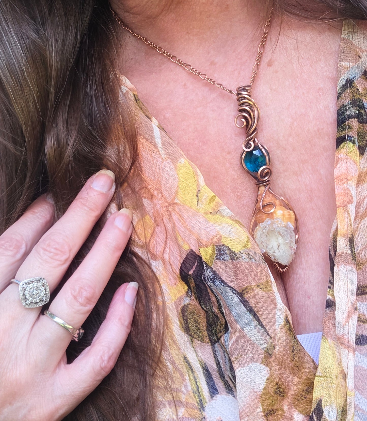 Apatite, Herkimer Diamond Seashell Pendant