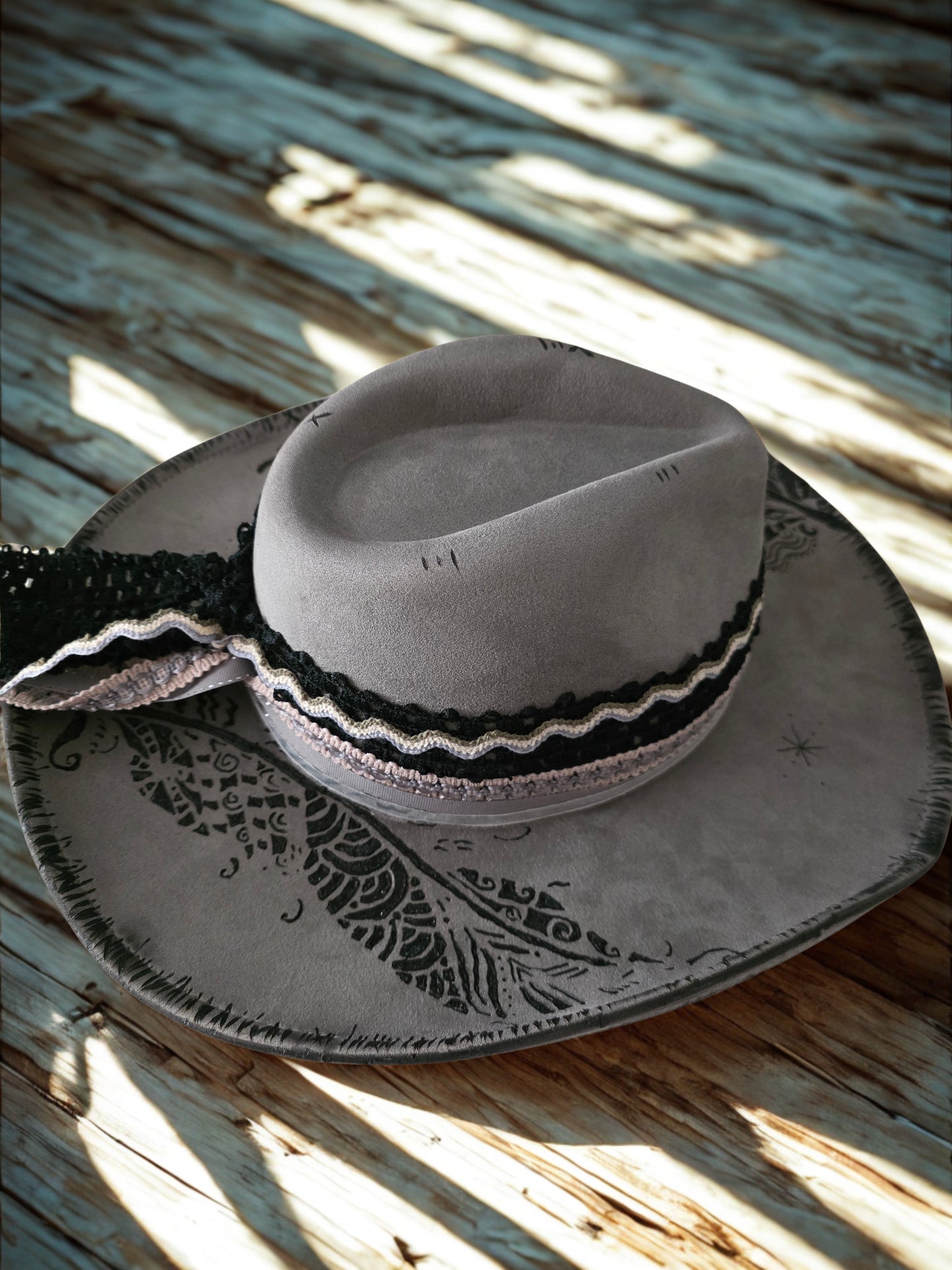 Handburned Wide Brimmed Hat/ Slate Grey