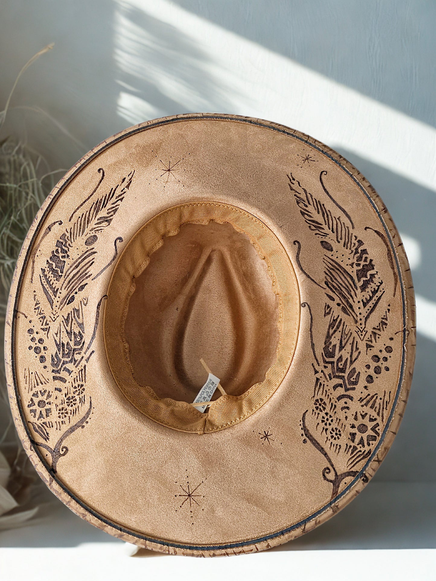 Wide brimmed handburned Suede Fedora