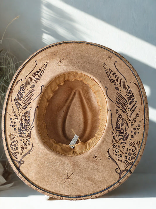Wide brimmed handburned Suede Fedora