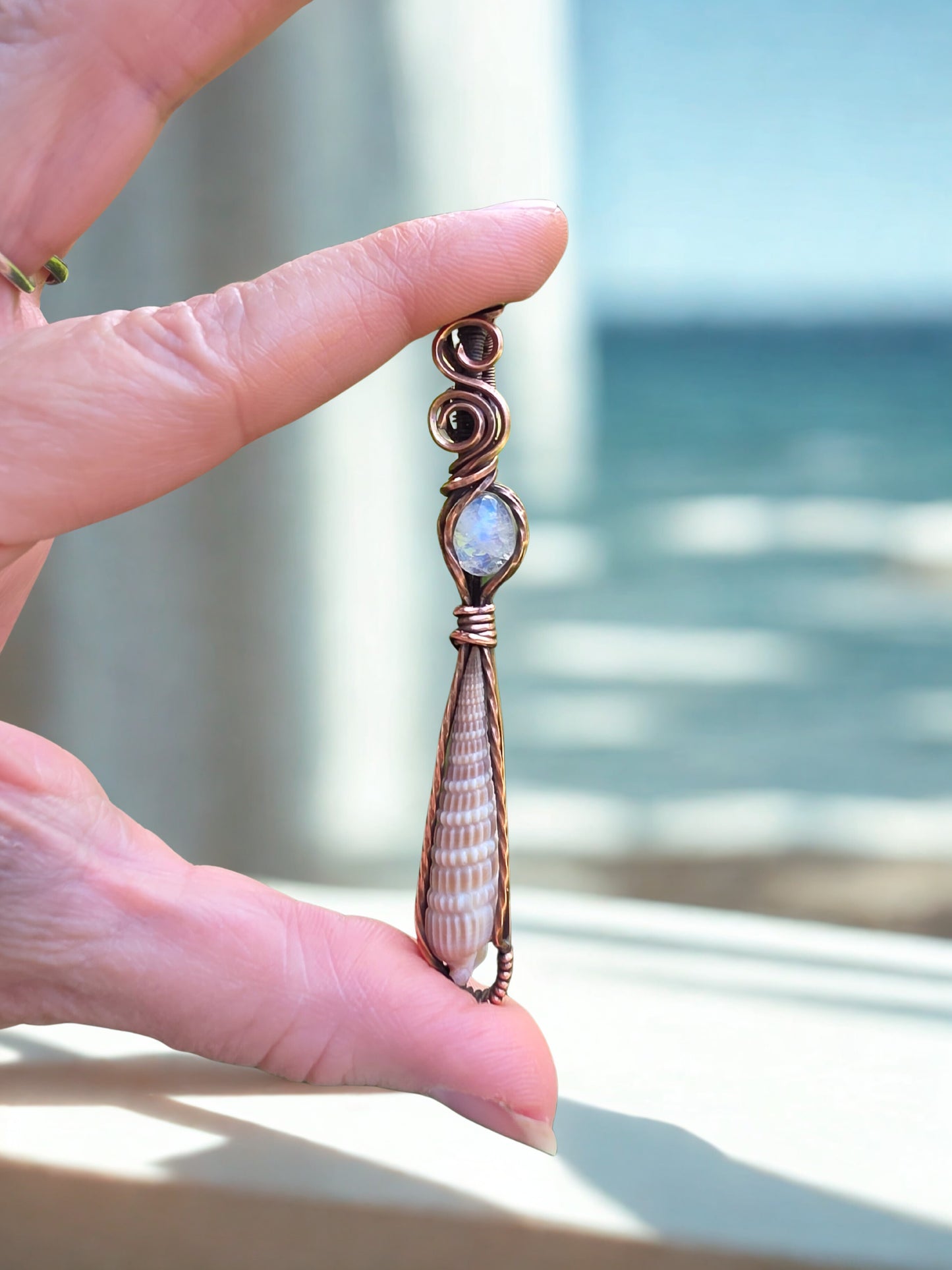 Rainbow Moonstone / Seashell Pendant